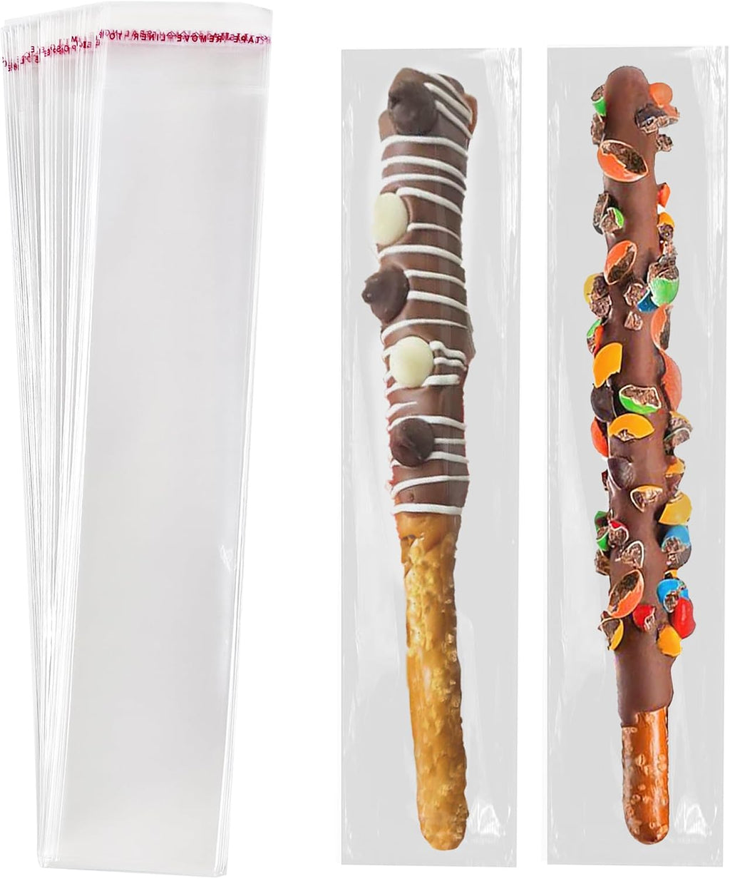 100 Pcs Self Sealing Cellophane Bags: 2x10 Inches Clear Pretzel Rod Resealable Pretzels Individual Bags for Packaging ICY Candy Treat Popsicle Cookies