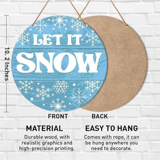 Muktoujaumai Winter Sign Front Door Decor, Christmas Round Hanging Sign Decor Snowflake Xmas Holiday Wall Decorations Winter Wood Sign for Door, Porch, Home, Let It Snow