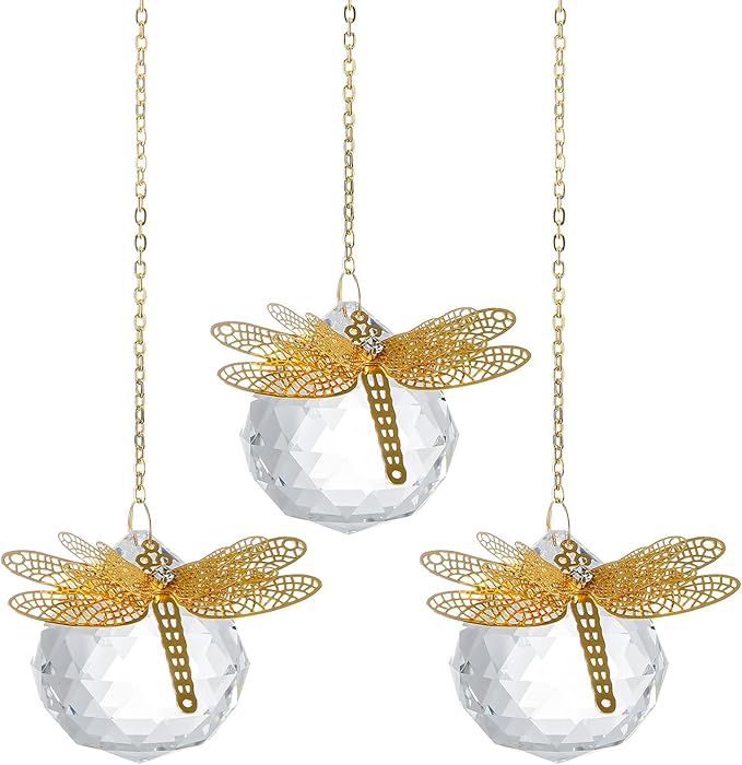 Crystal Suncatchers Gold Dragonfly 40mm Crystal Prisms Ball Rainbow Maker with Chain for Window Hanging Decoratioin 3 Pack