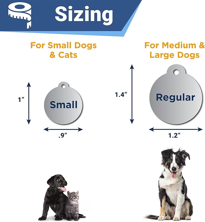 GoTags Stainless Steel Pet ID Tags, Personalized Dog Tags and Cat Tags, up to 8 Lines of Custom Text, Engraved on Both Sides, in Bone, Round, Heart, Bowtie and More (Round, Regular (Pack of 1))