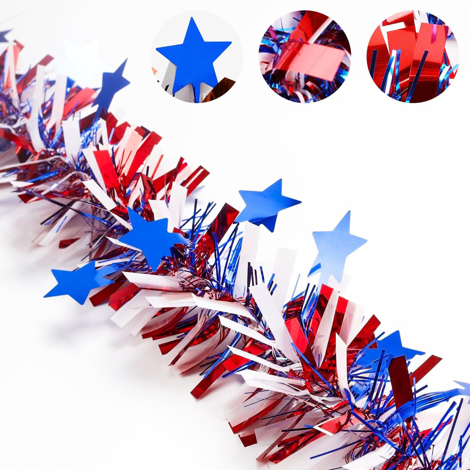 4th of July Garland Decorations, 50Ft Tinsel Garland Patriotic Decorations, Red White and Blue Garland for Memorial Day Decorations (Star)