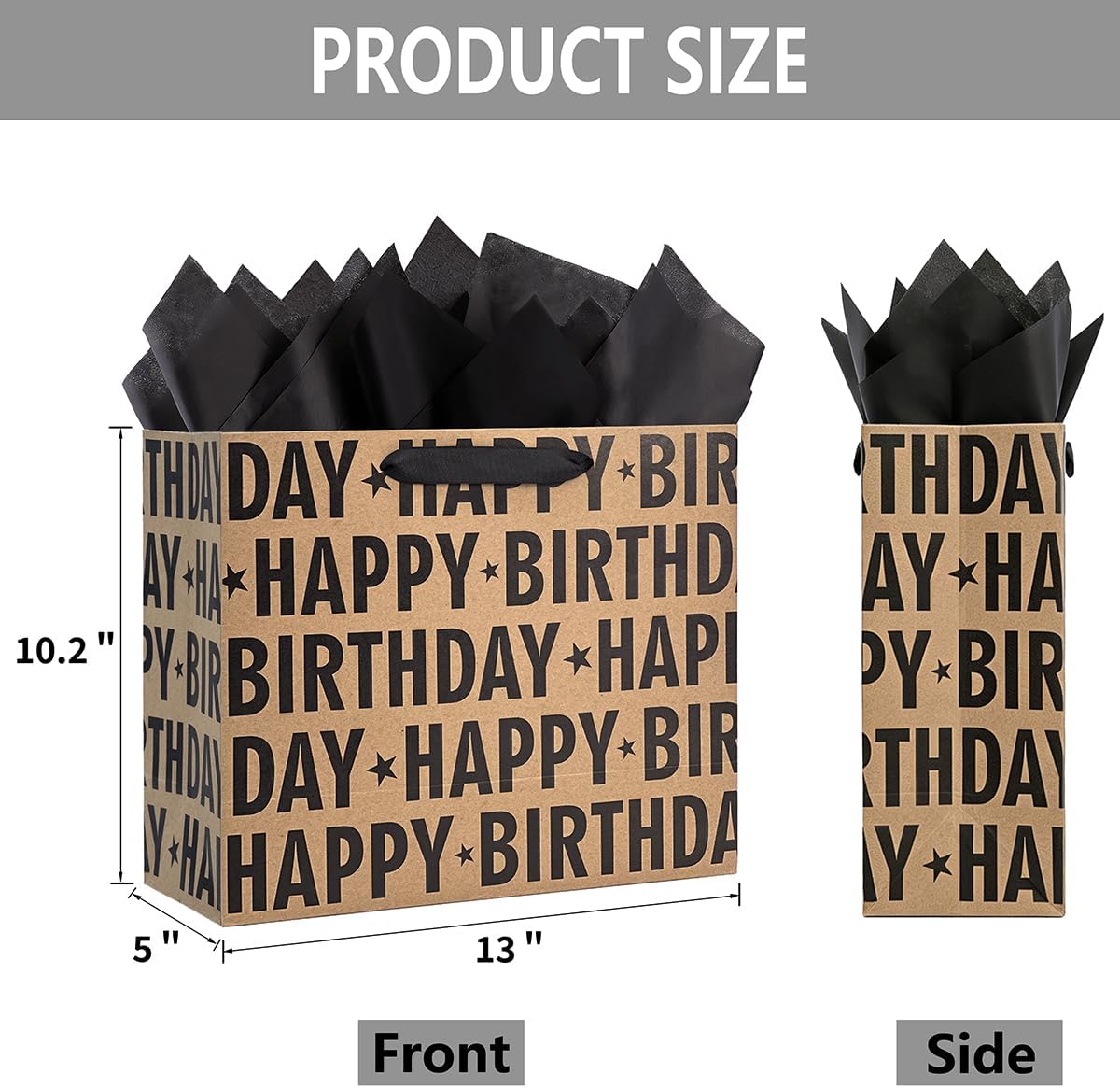 Yusenguan 13" Kraft Birthday Gift Bag with Tissue Paper and Greeting Card, Black Happy Birthday Lettering Design Gift Paper Bag for Men, Women, Kids (Black)