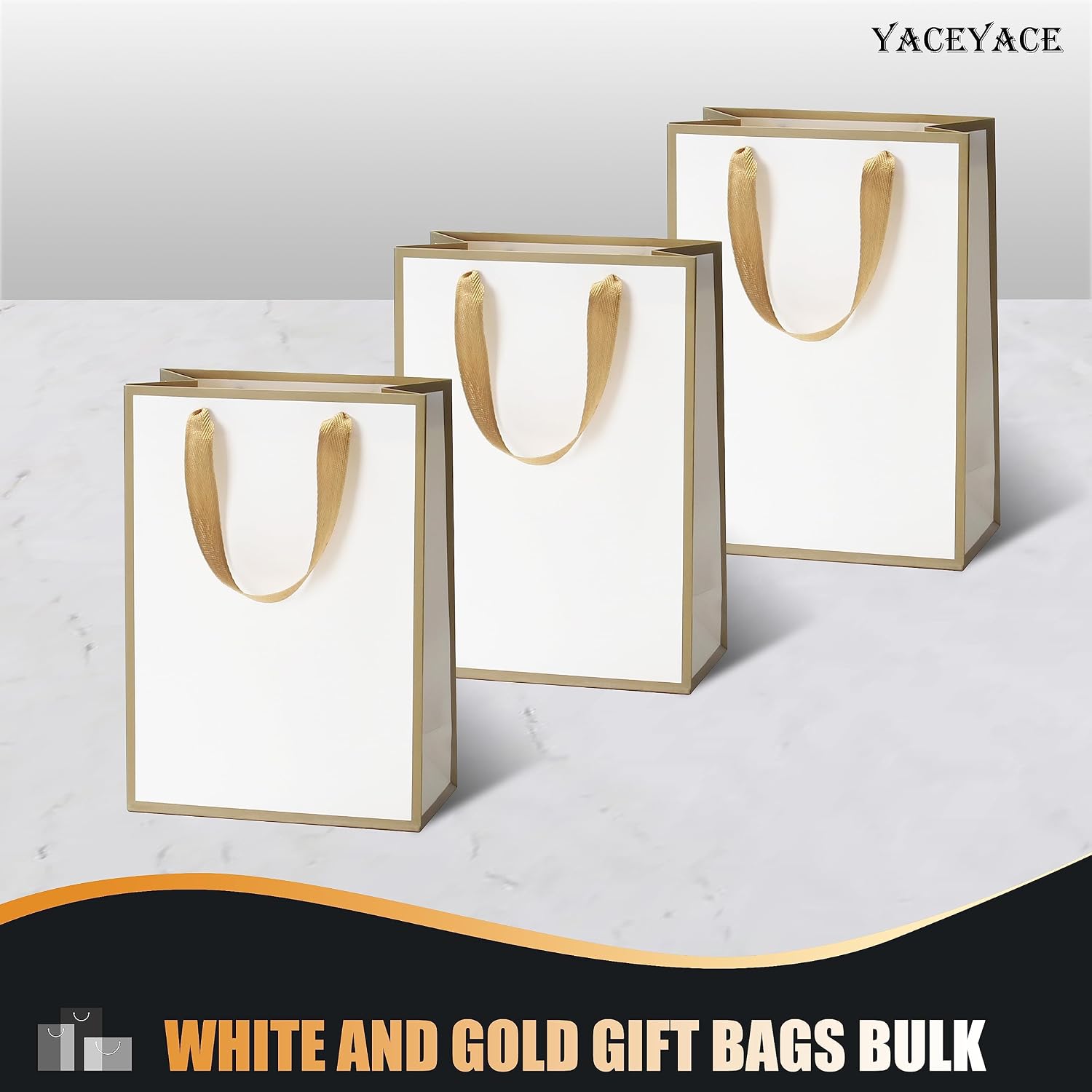 YACEYACE White Gift Bags - Medium Size, 10 Pcs, 8" x 4" x 10.5" with Gold Frame, Paper Party & Wedding Bags