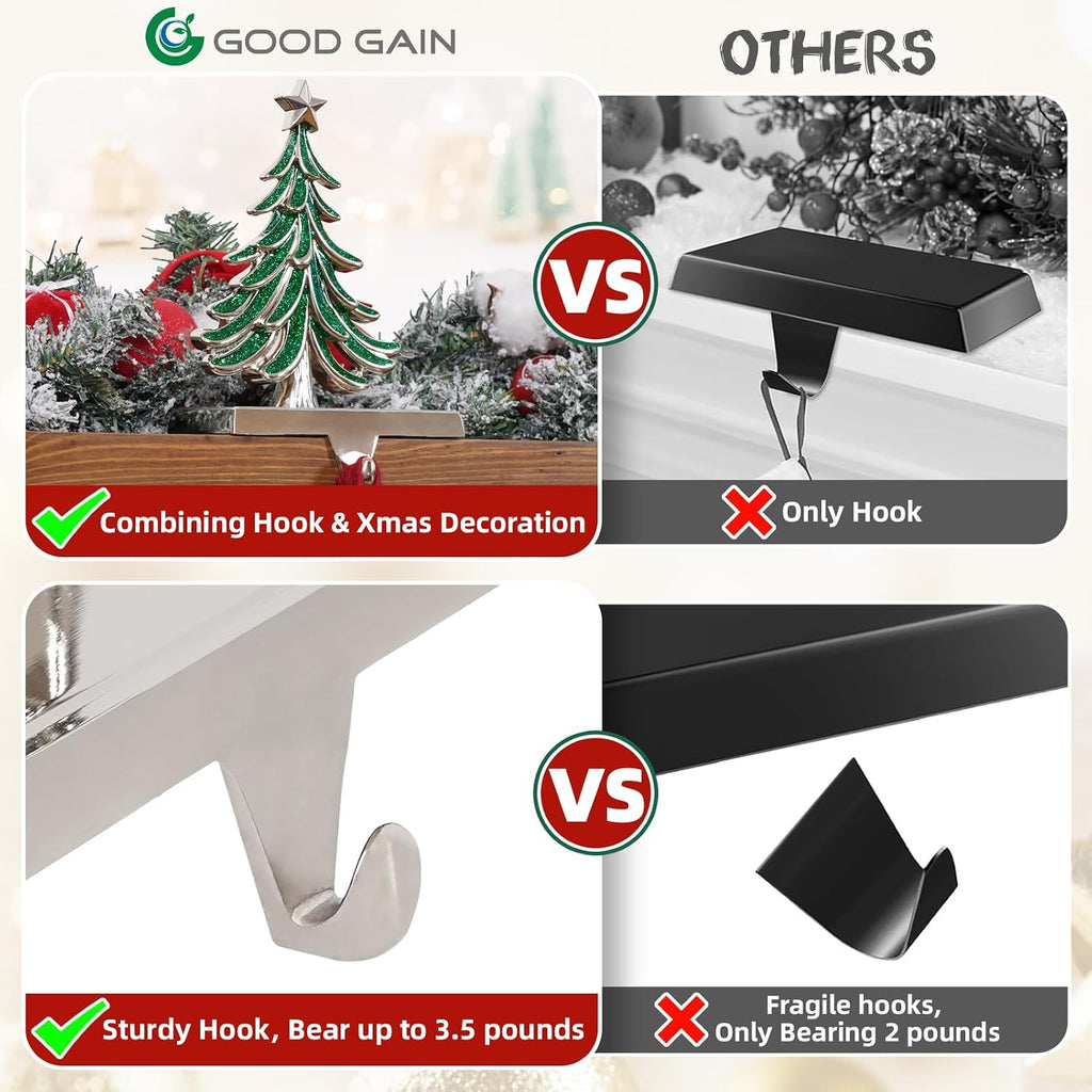 G GOOD GAIN Christmas Stocking Holders for Mantle - Set of 2 Christmas Tree Weighted Stocking Hangers with Non-Slip Base Silver Sturdy Metal Hooks for Fireplace Shelf Counter Holiday Decorations