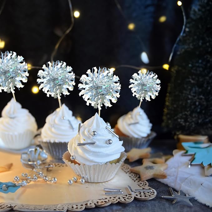 Ephlyn 30Pcs Foil Firework Cupcake Toppers Happy Birthday Cake Toppers Tinsel Flower Drink Stirrers Cocktail Food Fruit Toothpicks for Valentine's Day Party Decorations Silver