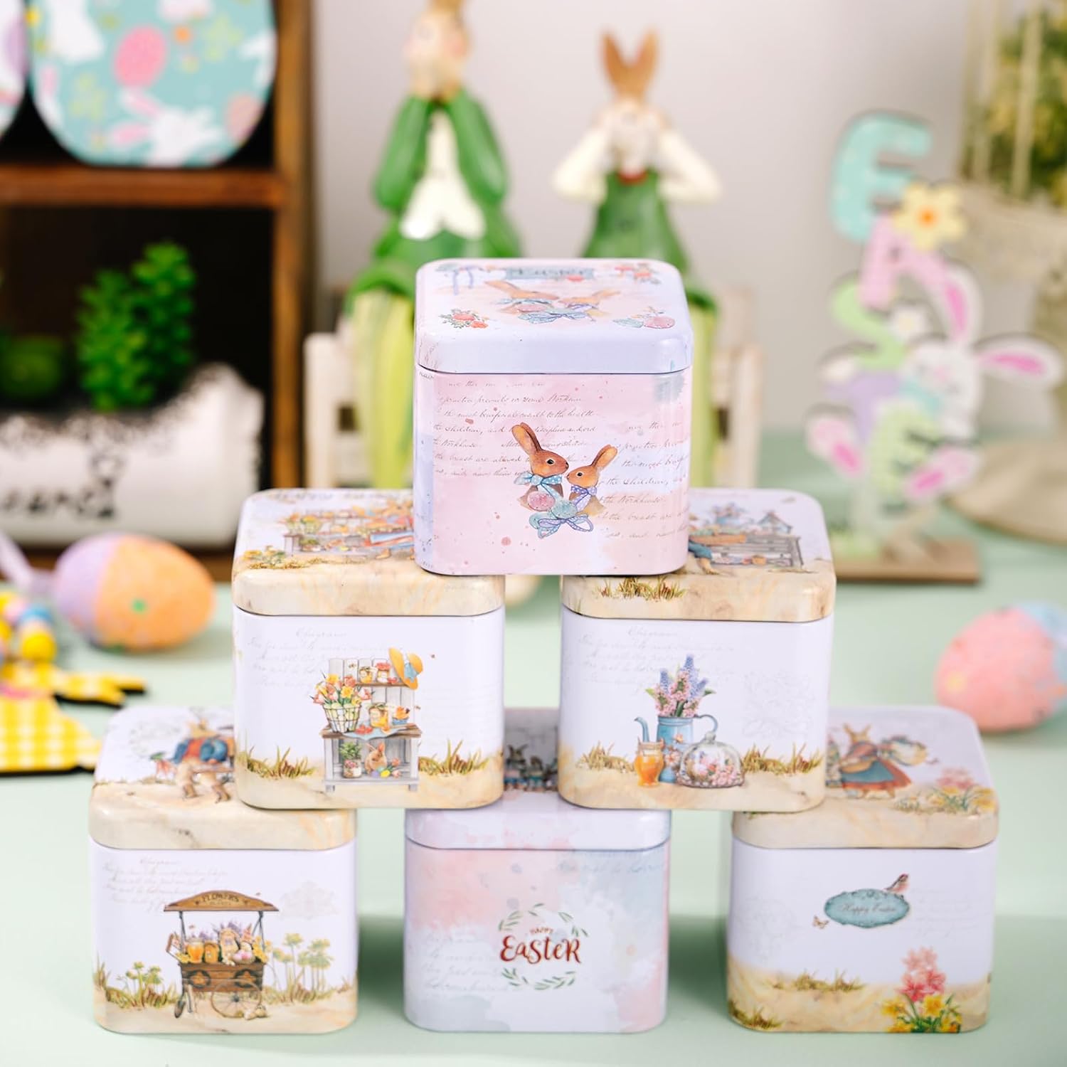 Easter Rabbit Square Metal Storage Tin (Style D) - 2.95" Vintage Bunny & Flower Treat Box, Decorative Small Tinplate Organizer for Candies, Jewelry, Reusable Holiday Keepsake Container & Party Favors