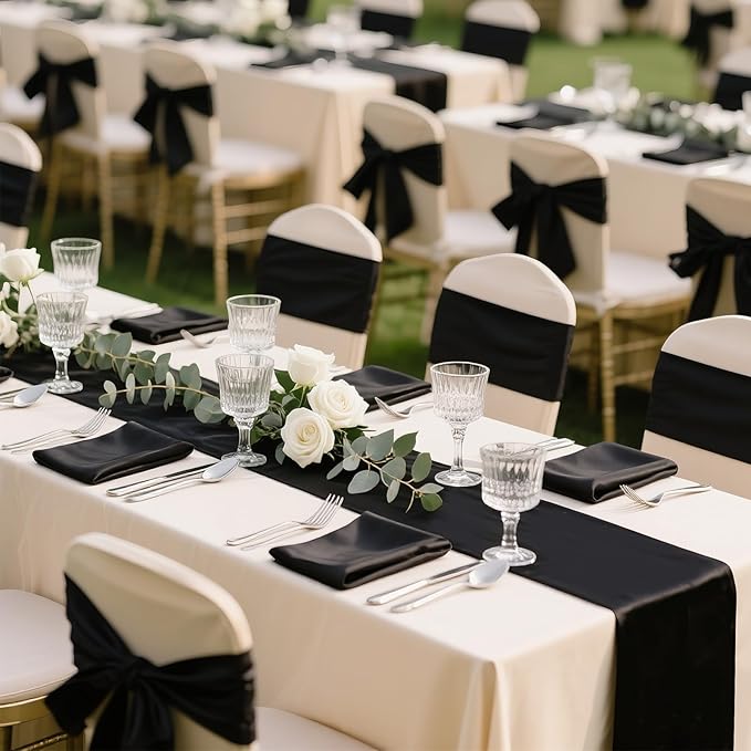 SHEJIZE 10 Pack Black Satin Table Runner 12x108 Inches Long, Bright Silky Smooth Satin Table Runner Table Decor for Wedding Banquet Christmas Prom Event Birthday Party