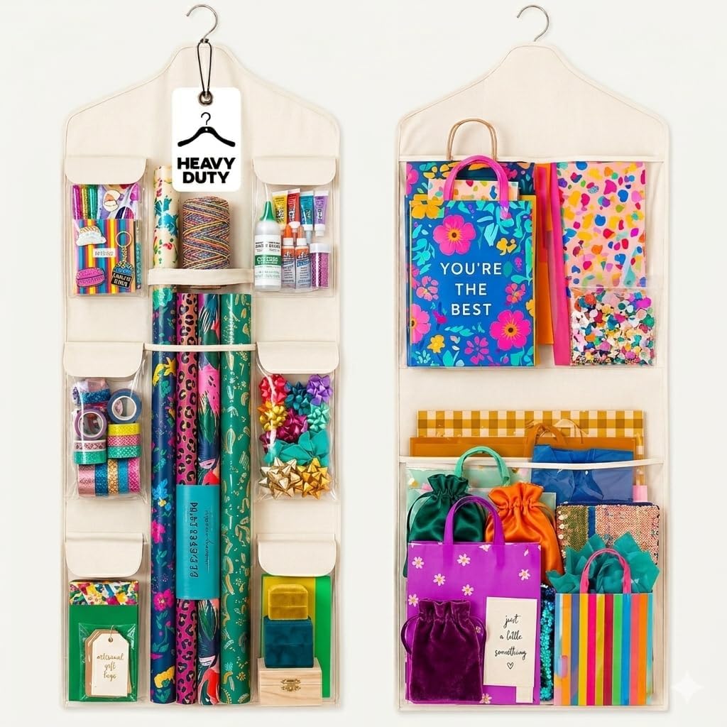 Wrapping Paper Organizer Storage – Double-Sided Hanging Gift Wrap Holder with Wooden Hanger – Over the Door or Closet Storage for Gift Bags with Pockets – For Christmas, Birthdays & Special Occasions.