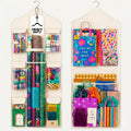 Wrapping Paper Organizer Storage – Double-Sided Hanging Gift Wrap Holder with Wooden Hanger – Over the Door or Closet Storage for Gift Bags with Pockets – For Christmas, Birthdays & Special Occasions.