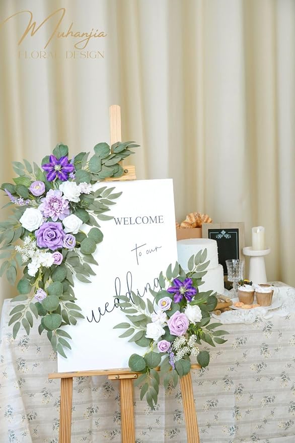 Muhanjia Wedding Sign Faux Flower Swag (Pack of 2) for Ceremony Party Reception Entrance Floral Decor Wall Easel Stand for Wedding Poster Welcome Sign (Purple)