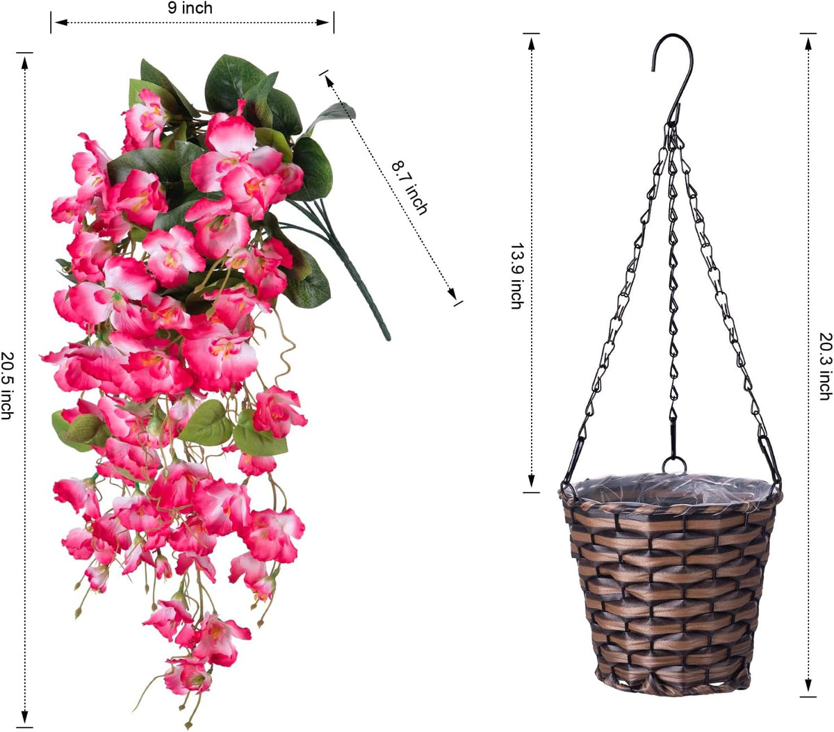 artificial fake hanging hibiscus flowers plants baskets for showing dimensions
