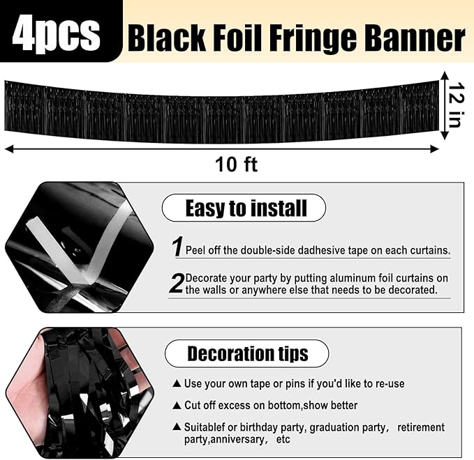 4 Pack 10 Feet Black Foil Fringe Garland Metallic Tinsel Streamers Banner Wall Hanging Curtain Backdrop for Parade Floats, Wedding, Graduate, Mother's Day, Birthday Party Decoration