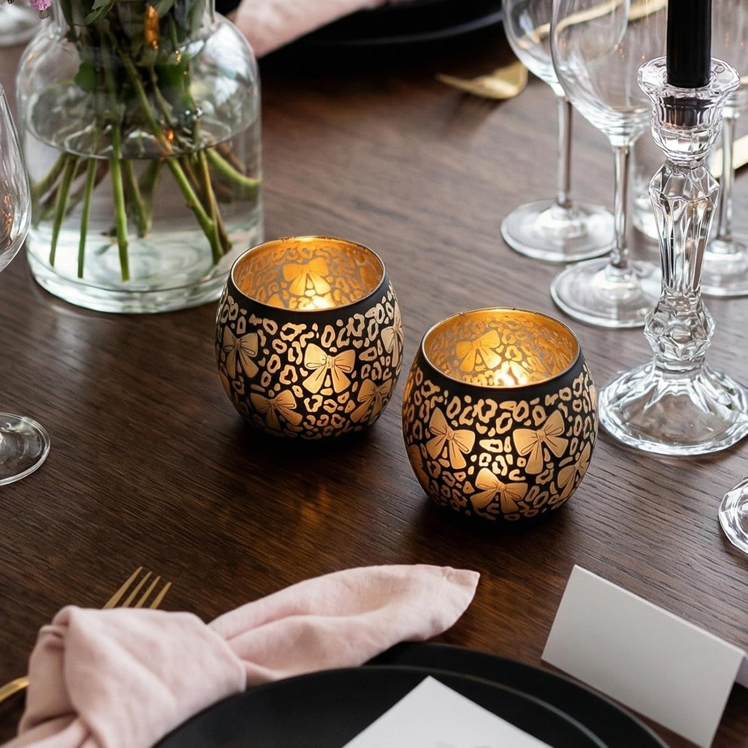 Leopard Candle Holder with Bow Set of 2, Black Gold Votive Tealight Candle Holders for Room Decor, Aesthetic Ribbon Votive for Wedding Centerpieces & Leopard Birthday Party Decorations