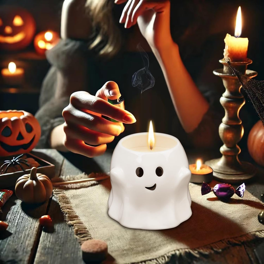 Boo Basket Stuffers for Women Men, 13OZ Halloween Ghost Candle Large Pumpkin Spice Scented Candle Up to 60 Hours Halloween Decorations Indoor
