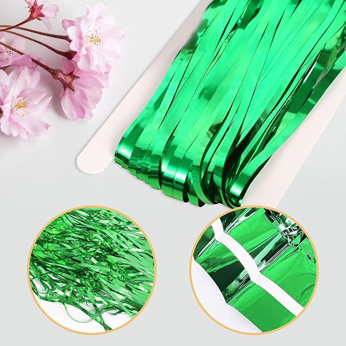 10 Pack Green Foil Curtain Backdrop 3.2ft x 9.8ft Metallic Tinsel Foil Fringe Curtains Streamer Photo Booth Backdrop for Birthday Party Engagement Bachelorette Party Decorations (Green)