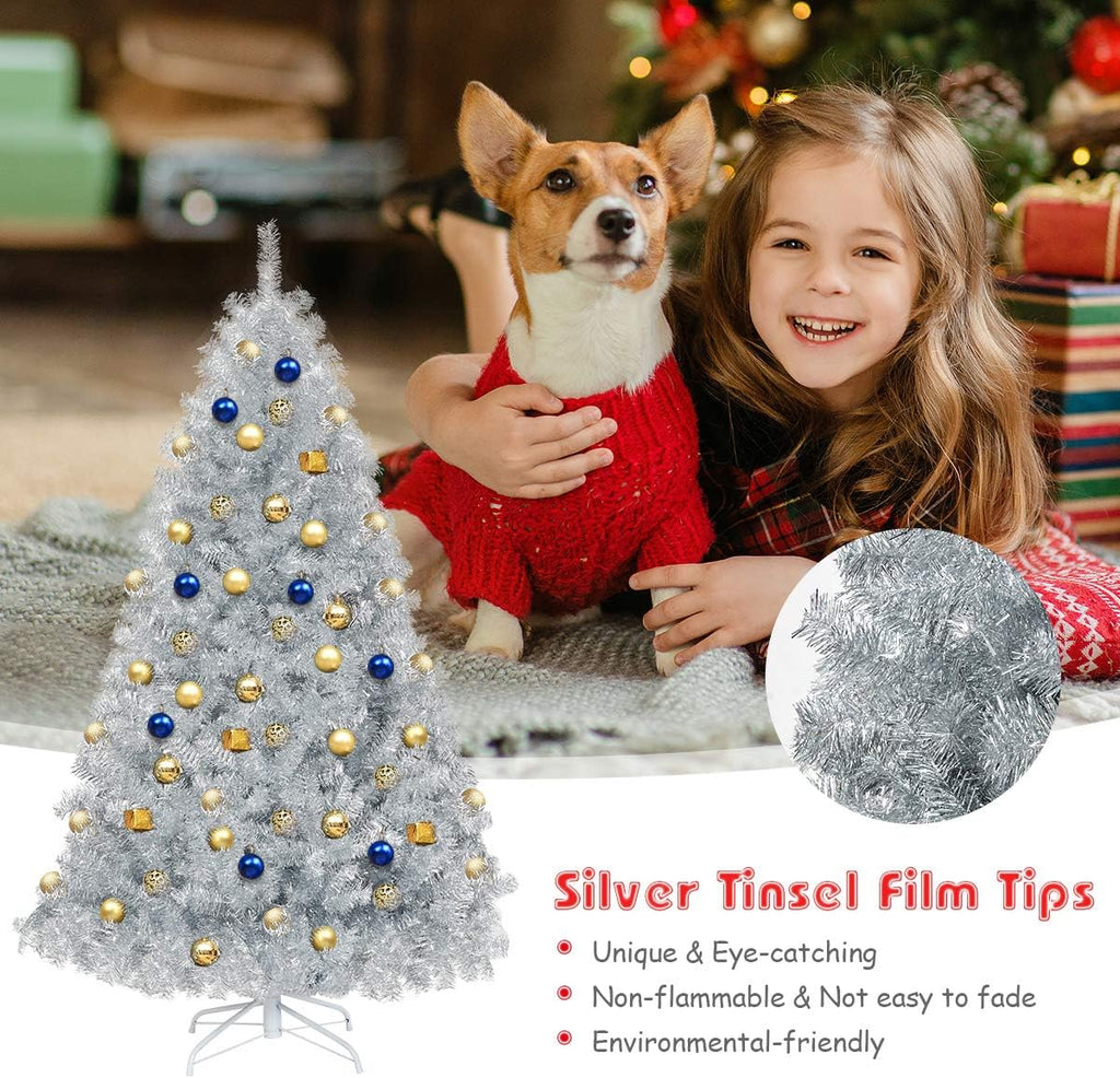 goplus 6ft sliver artificial christmas tree with electroplated showing dimensions