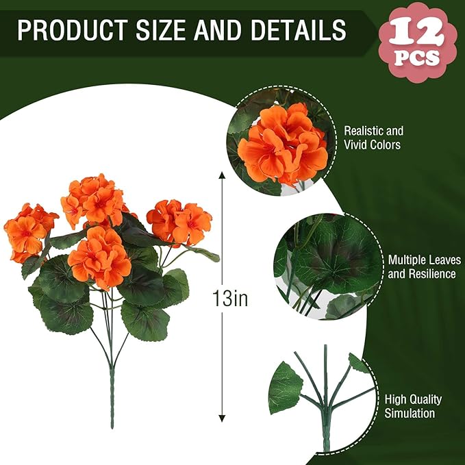 Hananona 12 Pcs Artificial Geranium Flowers for Outdoors Geranium Silk Orange Flower Outdoor UV Resistant Patio Plants Faux Autumn Flowers for Fall Home Kitchen Table Centerpieces (12, Orange)