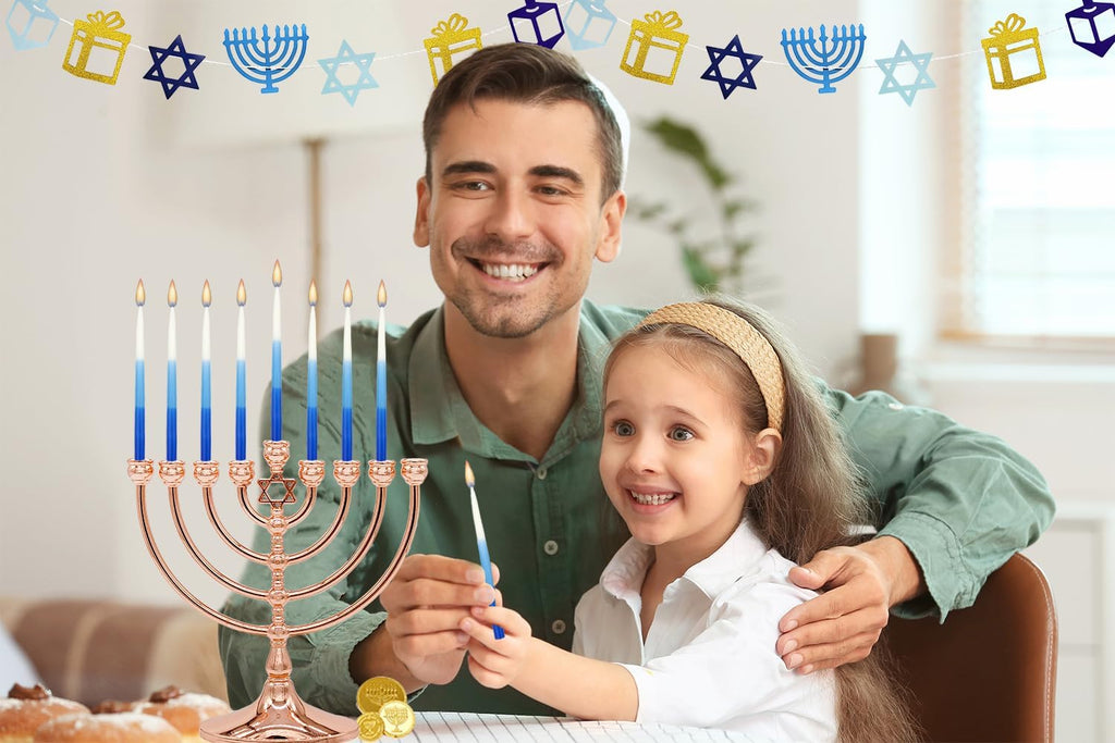 The Dreidel Company Premium 1-Hour Burn Time Tapered Hanukkah Menorah Candles Tri Color,Blue, and White, Candles for All 8 Nights of Chanukah