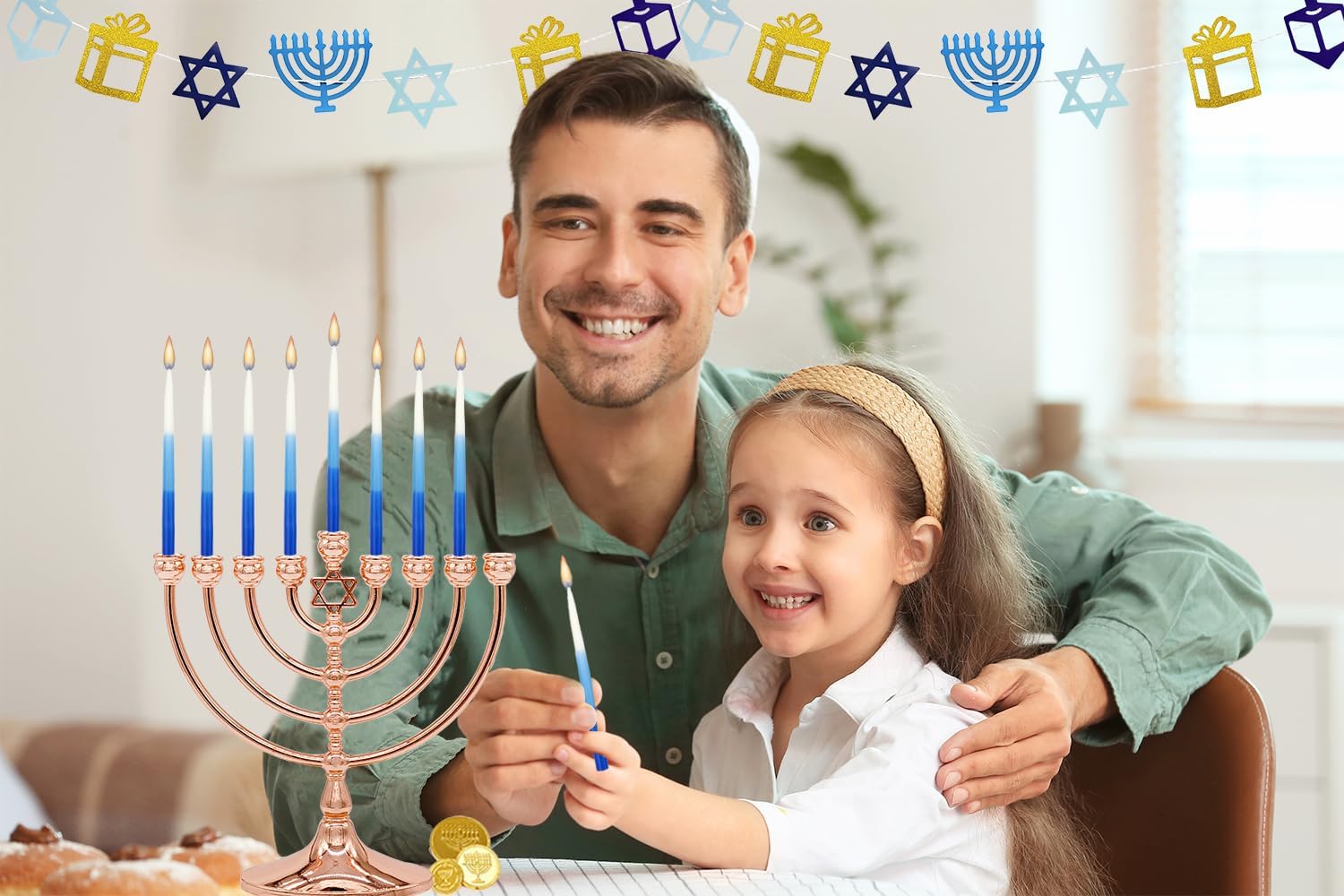 The Dreidel Company Premium 1-Hour Burn Time Tapered Hanukkah Menorah Candles Tri Color,Blue, and White, Candles for All 8 Nights of Chanukah