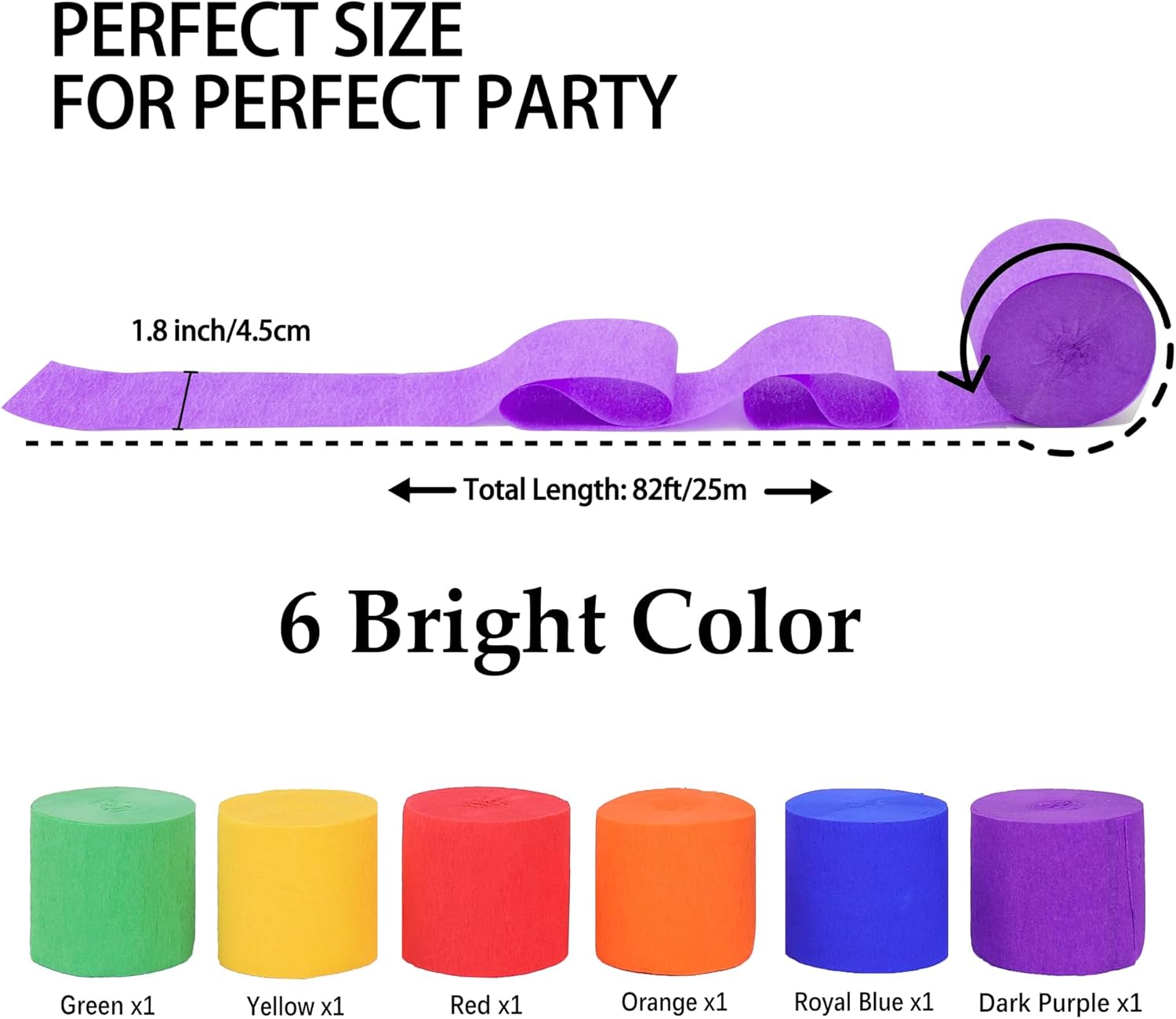 6 Rolls 492ft Rainbow Crepe Paper Streamers, 6 Colors Pack of Paper Party Streamers for Colorful Party Decorations, Birthday Decorations, Wedding Decorations (1.8 Inch x 82 Ft/Roll)