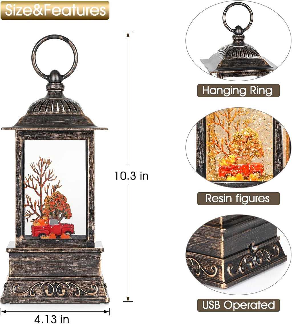 Fall Snow Globe Decorations, Glitter Red Truck Lantern with 6H Timer, USB/Battery Powered Lighted Décor for Home, Tabletop, Gift Box