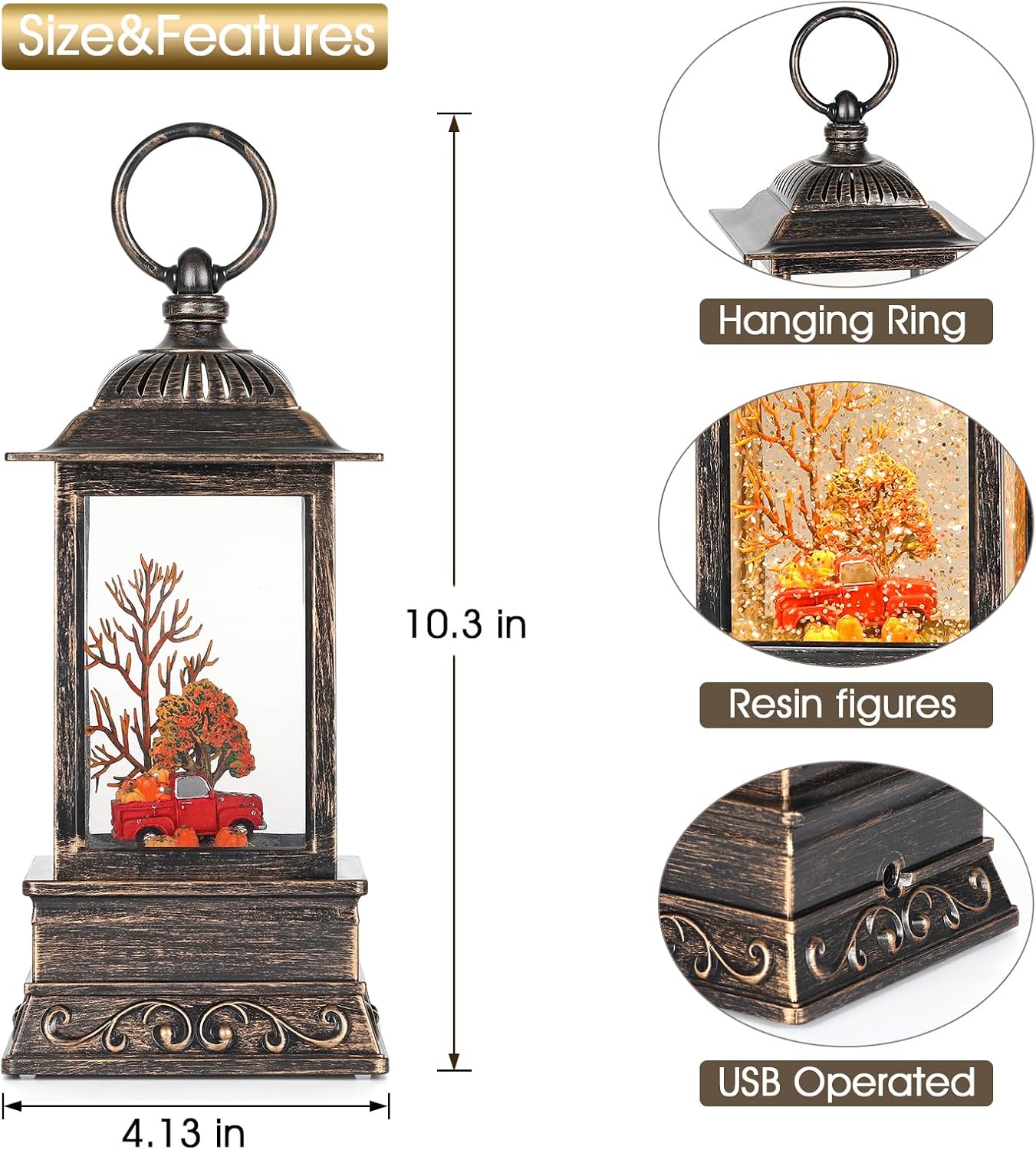 Fall Snow Globe Decorations, Glitter Red Truck Lantern with 6H Timer, USB/Battery Powered Lighted Décor for Home, Tabletop, Gift Box