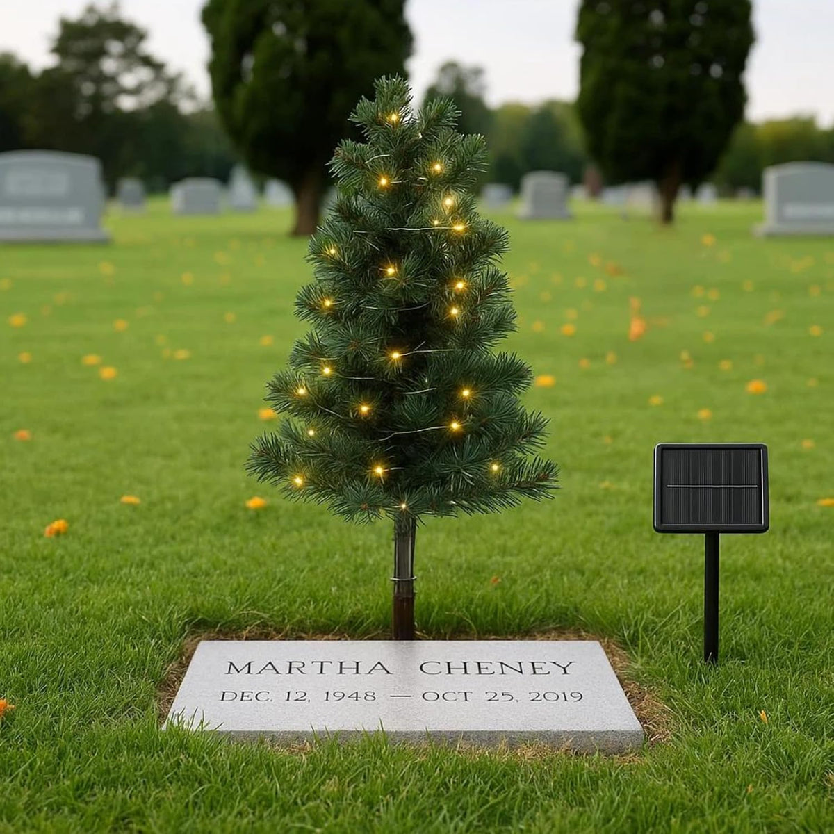 30 inch solar artificial christmas tree for cemetery shown in use