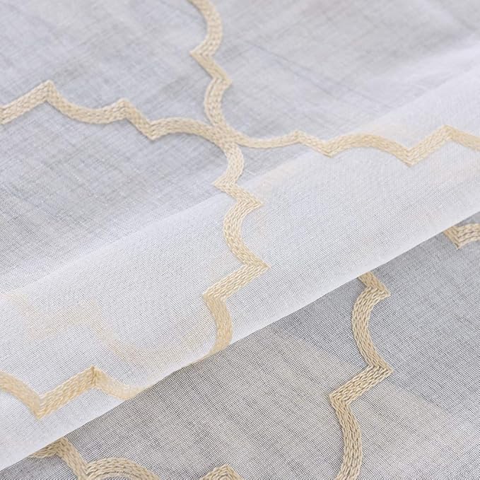 Sheer Curtains Gold 95 Inches Long, Rod Pocket Drapes for Living room, Bedroom, Embroidered Moroccan Tile Lattice Design Semi Crinkle Voile Curtain Panels for Patio, Villa, Parlor, Set of 2, 52"x95".