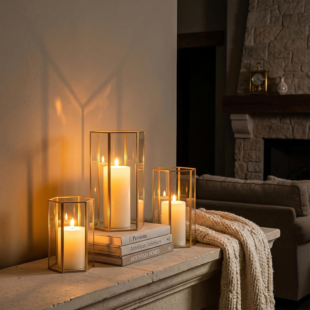 Glass Hurricane Candle Holder, Set of 3 Large Clear Hexagon Lanterns Pillar Candle Lantern with Gold Metal Frame Wedding Centerpiece Table Decor Home Decorations