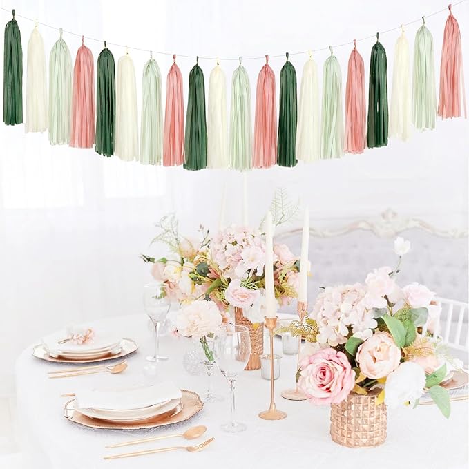Sage-Olive Green Pink-Beige Boho Party-Decorations - 33pcs Birthday Streamers Tassel Garland,Banner Tissue Pom Poms,Paper Lantern Fans,Rustic Neutral Wedding Baby Bridal Shower Engagement Decor Hugtmr