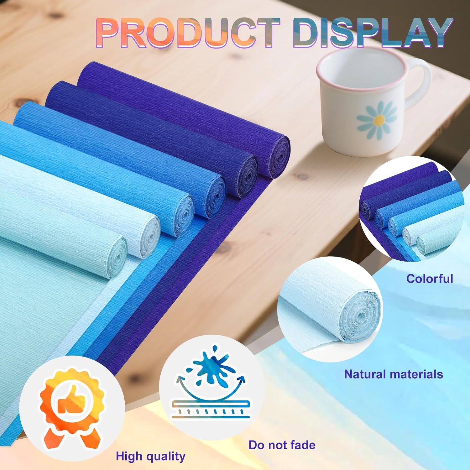 6 Rolls Crepe Paper Streamers, 10 Inch x 8 Feet (Blue) | Flower Making Kits With Floral Tape and Stem Wire for Birthday Party Wedding