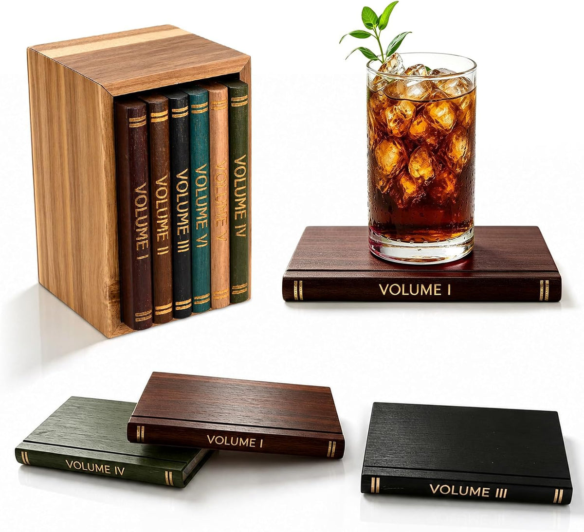 Book Coasters Set of 6 | Wood Coasters - Book-Style Decorative Wooden Coaster...