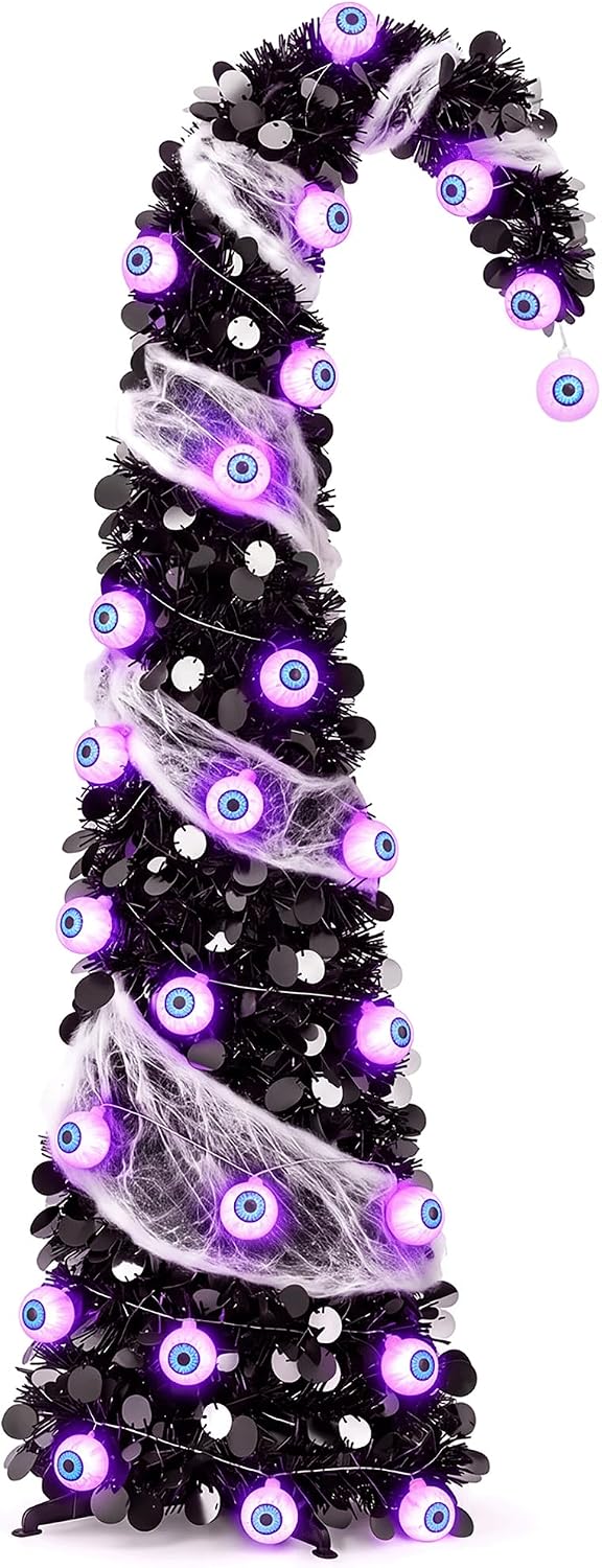 5ft pop up halloween tree with 35 purple, front angle view