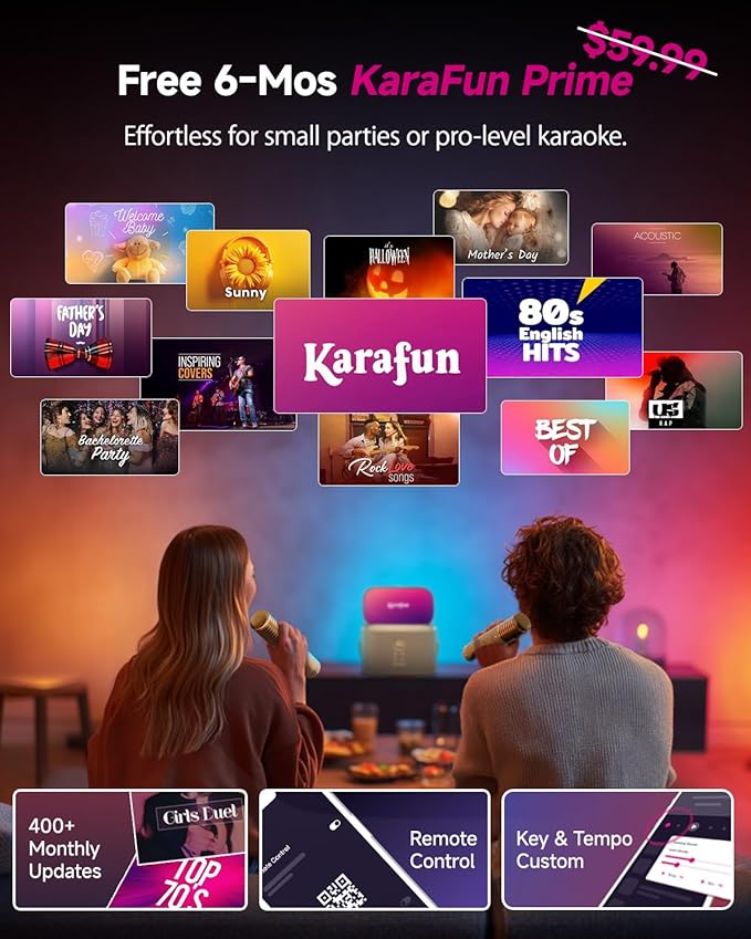 Ikarao Karaoke Machine for Adults, with Lyrics Display Screen, 2 Self-Charging Wireless Microphones, Autotune & EQ, 140W Speaker, Connect TV, Portable Karaoke System for Home, Family, Party, Travel