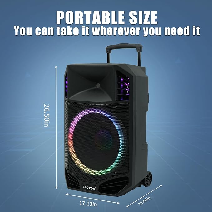 EXOTON S-1501 15 Inch Portable Rechargeable PA Speaker - 1600W, Bluetooth, TWS, USB/RCA, 2 UHF Mics, Remote, 7-Color Lights, DSP with 4 Scene Presets, 5-Band EQ