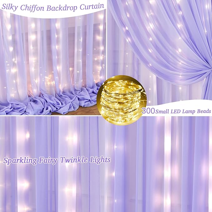 10x10ft Lavender Chiffon Backdrop Curtain with Lights for Wedding Baby Shower, Light Purple Curtain Backdrop with Lights for Birthday Party Gender Reveal Photo Shoot (5 x 10ft,2 Panels)