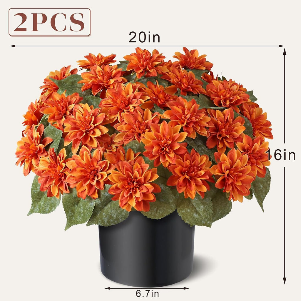 VIERENA 2 Set of Fall Artificial Dahlia Topiary Ball Trees - Fake Silk Dahlia Flower Bushes, UV Resistant Faux Floral Shrub Potted for Front Door Porch Farmhouse Outdoor Autumn Decor (Orange)
