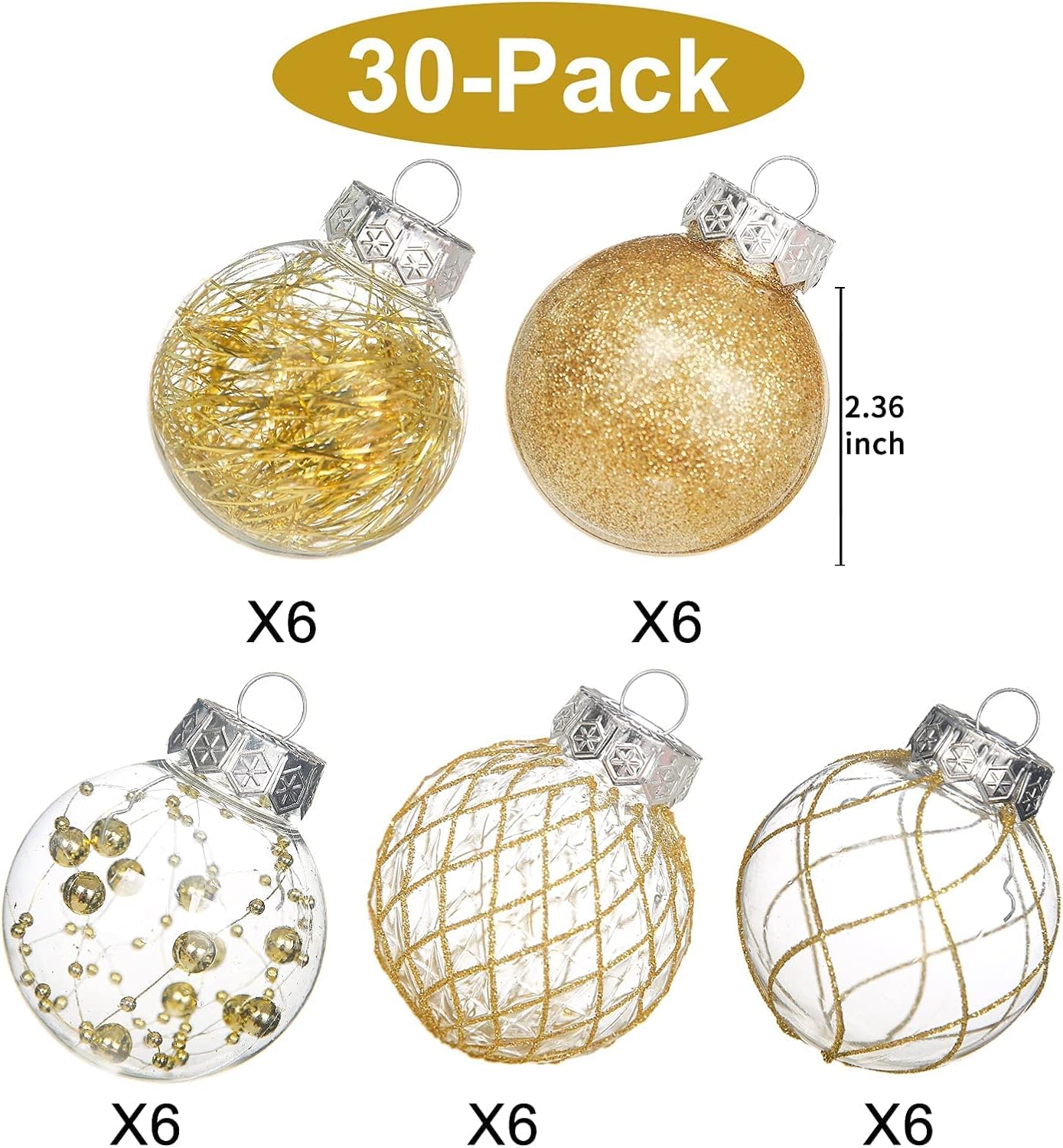 Clear Christmas Ball Ornaments, 30ct 2.36" Gold Shatterproof Xmas Ball Decorations Set Decorative Hanging Ornaments for Christmas Tree Home Office Decor Gift for Christmas Party Wedding