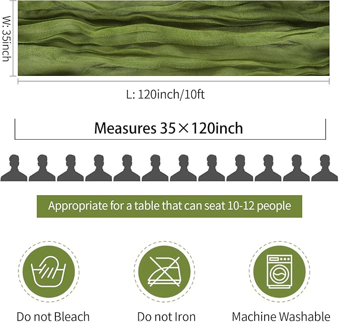 10 Packs Olive Green Cheese Cloth Table Runners, 10FT Boho Gauze Moss Green Cheesecloth Table Runner for Wedding Bridal Baby Shower Fall Thanksgiving Table Decoration