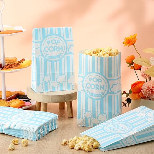 200 Pcs Paper Popcorn Bags Bulk 2 oz Large Flat Bottom Boxes Red and White Disposable Container Sleeve Movie Night Popcorn Bucket for Retro Movie Themed Party Carnival Supplies (Light Blue and White)