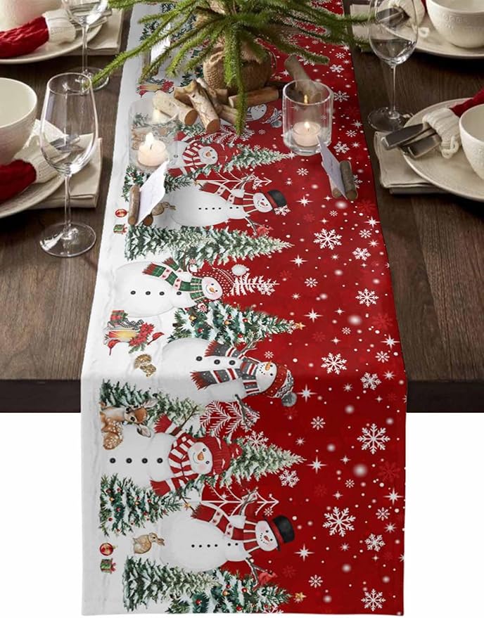 Christmas Snowman Cotton Linen Table Runner for Dining Kitchen, Xmas Tree White Snowflakes Winter Wedding Outdoor Party Tablerunners Decoration, Dresser Scarf Coffee Tablecloth Runners 13x60 Inches