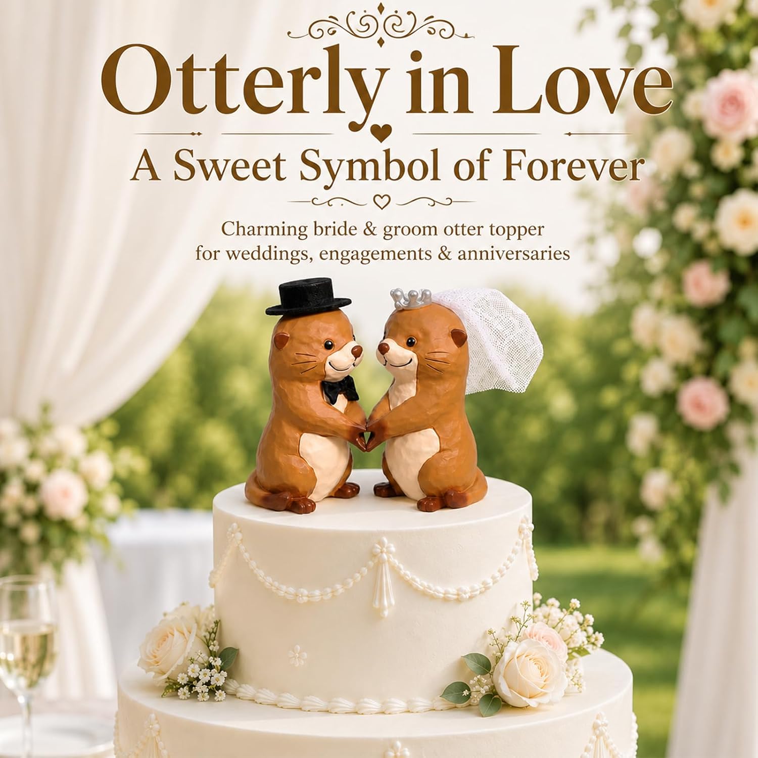 Funny Wedding Cake Toppers, Otter Bride and Groom Couple Cake Topper for Wedding Engagement Anniversary, Unique Cute Figurine Keepsake with Veil and Top Hat
