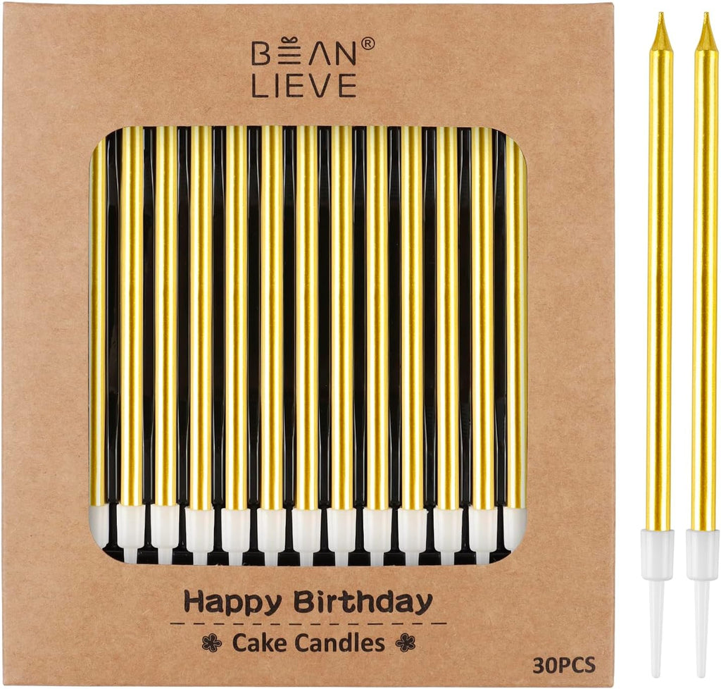 BEAN LIEVE 30-Count Gold Long Thin Metallic Birthday Candles, Cake Candles, Birthday Parties, Wedding Decorations, Party Candles, Cake Decorations