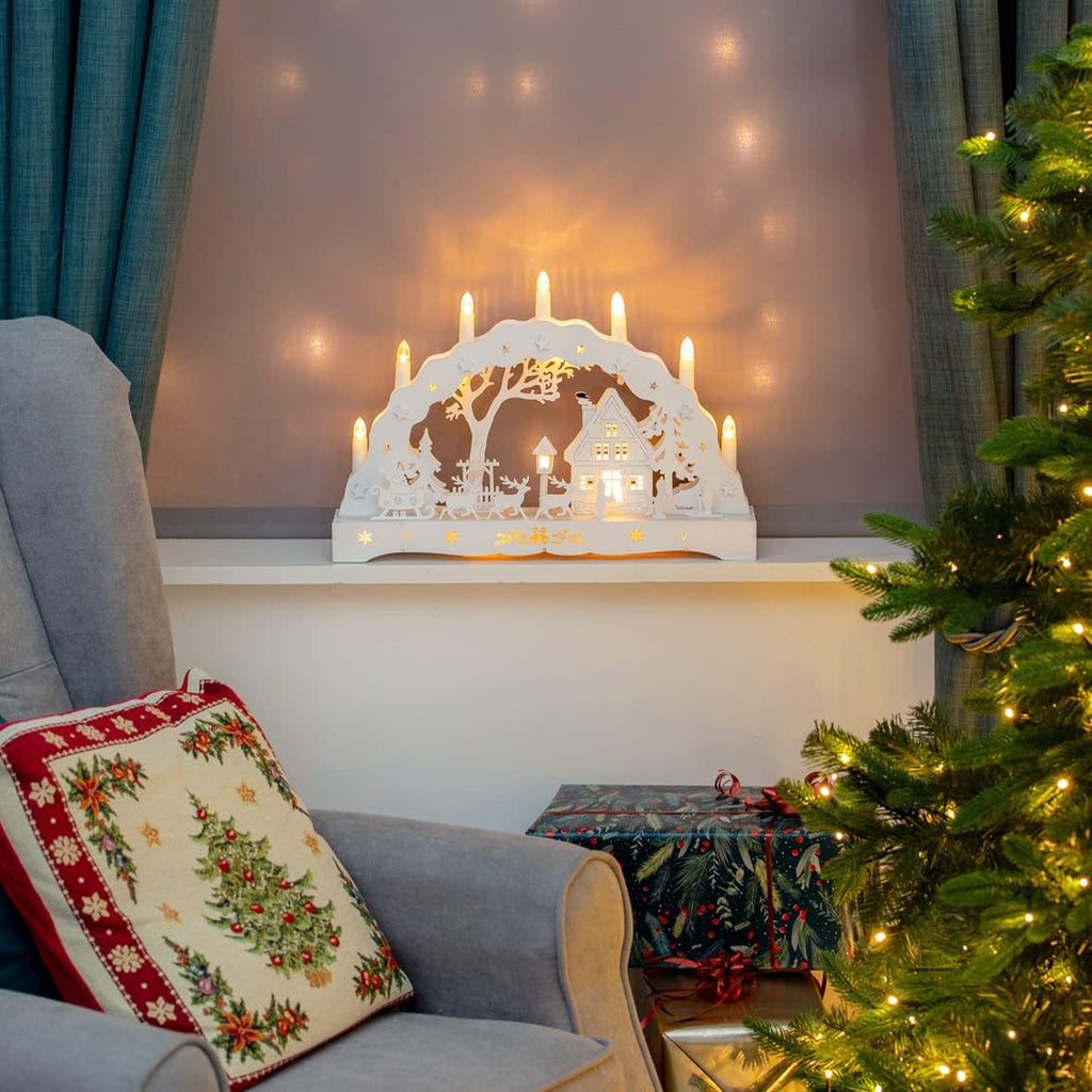 The Christmas Workshop 88200 Wooden Illuminated Candle Bridge | 7 Warm White Candles | Indoor Christmas Decoration | Battery Operated | 43cm x 28cm x 8cm