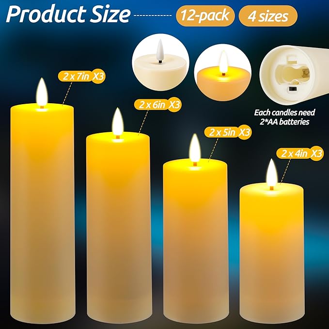 Da by 12 Pack Outdoor Waterproof LED Flameless Candles with Remote Control Timer, Realistic Flickering LED Pillar Candles for Wedding, Festival, Outdoor & Home Decoration-D 3'' H 4'' 5'' 6''7''