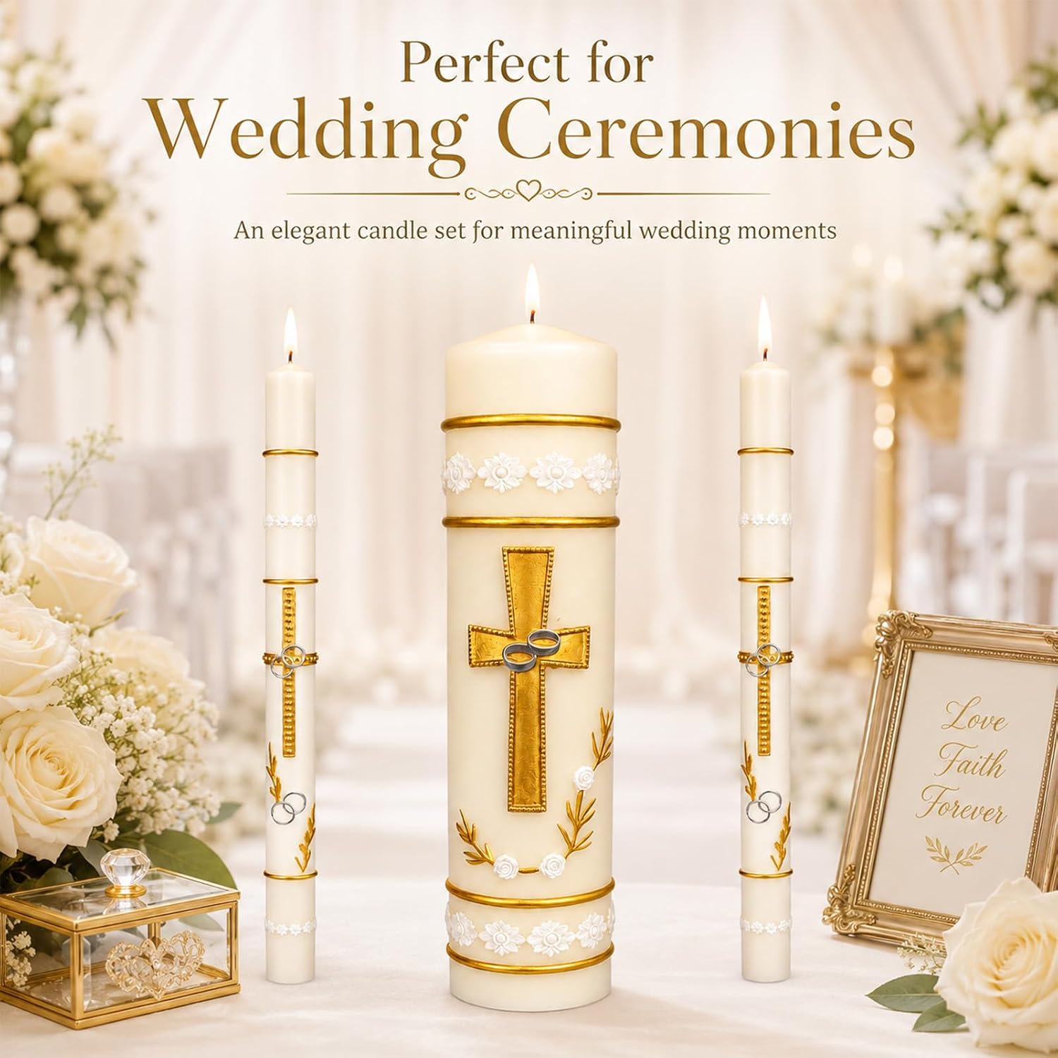 Unity Candles for Wedding Ceremony Set,Wedding Candles 1 Pillar 11.5 Inch and 2 Taper 10 Inch Set 3,Catholic Religious Ceremony Accessories,Velas para Boda (Cross & Rings)