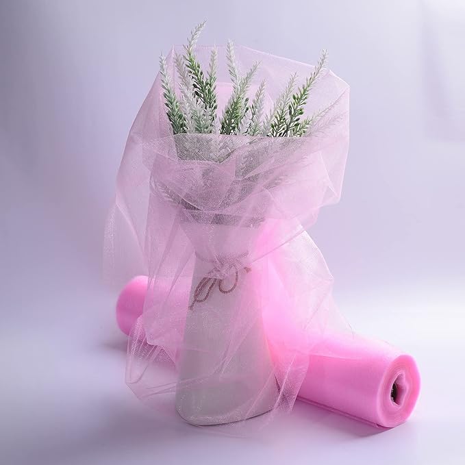 Crystal Organza Fabric Tulle - 16" by 50 Yards Sheer Fabric for Wedding Party Decoration Bridal Shower Tutu Roll Netting Spool Ribbon Wrapping (Light Pink)