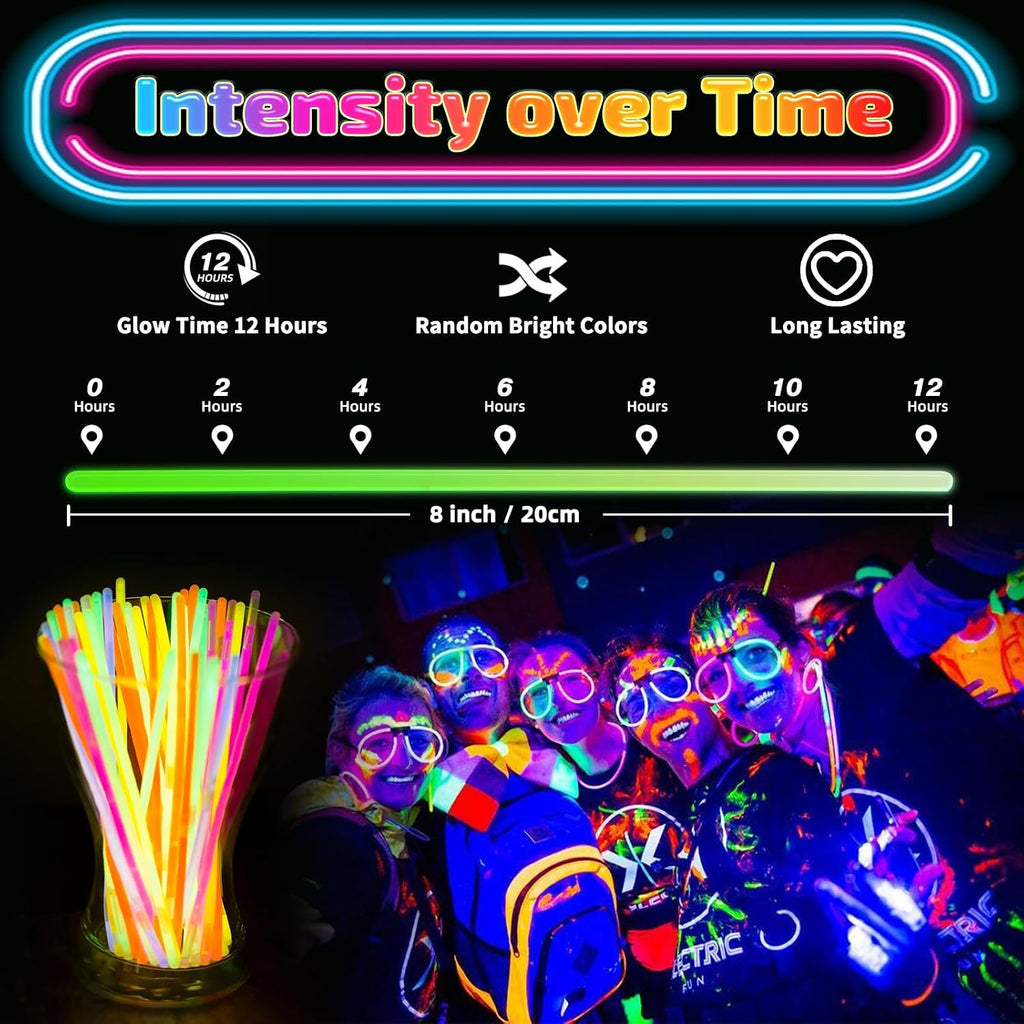 HONLYNE 100 Pack Glow Sticks Party Favors Bulk, 8" Glow in the Dark Party Supplies, Party Favors for Kids 8-12, Neon Glow Stick Bracelets & Necklaces for Raves, Halloween, Christmas, Birthdays