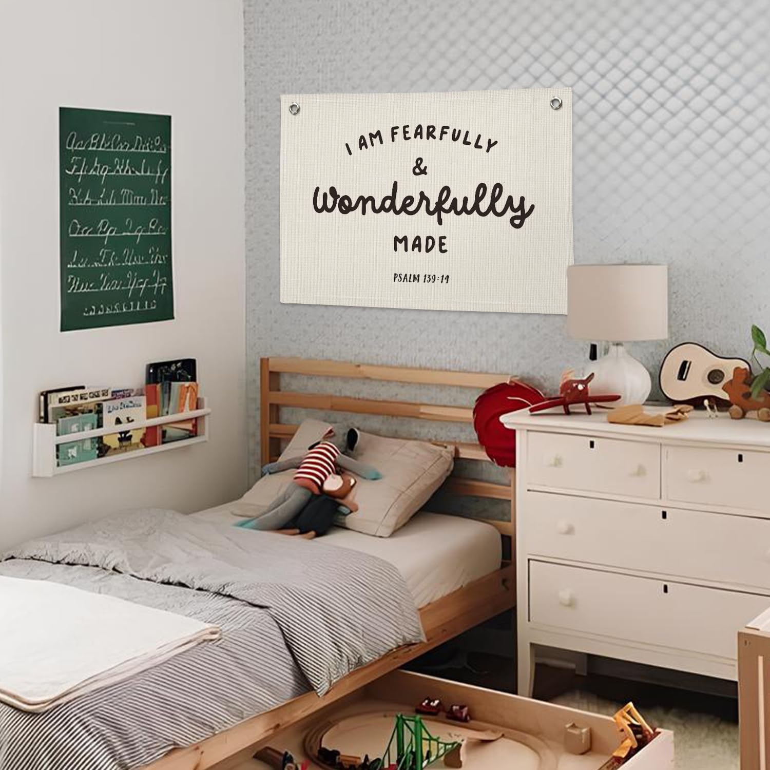 Kids Room Decor - Bible Verse Wall Hanging, 'I am Fearfully and Wonderfully Made' Linen Banner, Canvas Decoration for Classroom, Nursery, Kids Room