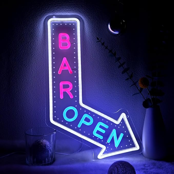 Planzo Bar Open Neon Signs for Business LED Light Up Open Beer Sign Wall Decor for Home Pub Cafe Man Cave Club Cocktails Coffee Bistro Hotel Party Window Indoor USB Powered Dimmable White Pink Blue